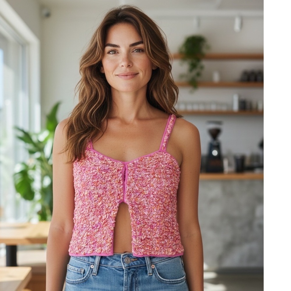 American Eagle Pink Orange Popcorn Texture Cami Tank Top Barbiecore Festival Y2K